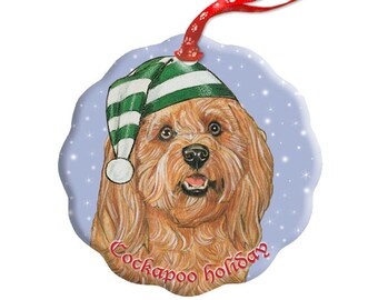 Cockapoo Holiday Porcelain Christmas Tree Ornament Double-sided (ORP709B) Can be personalized.