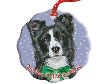 Adorno navideño de porcelana de dos caras con forma de Border Collie (ORP560)