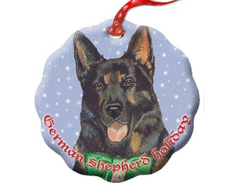 German Shepherd Dog Holiday Porcelain Christmas Tree Ornament Double-sided (ORP869B) Can be personalized.