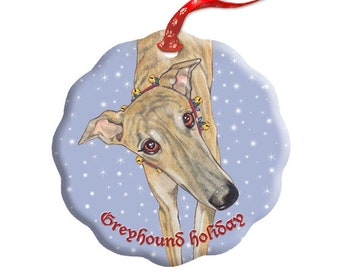 Greyhound Brindle Greyhound Holiday Porcelain Christmas Tree Ornament Double-sided (ORP518) Can be personalized.