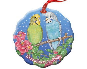 Parakeet Budgie Parrot Holiday Porcelain Christmas Tree Ornament Double-sided Double-sided (ORP973)