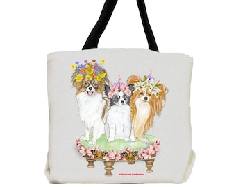 Perro Papillon con bolso de mano de flores