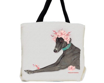 Greyhound perro galgo negro con flores tote Bag