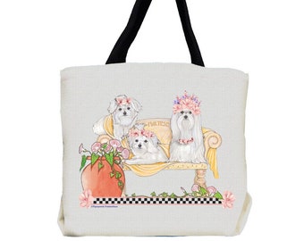 Perro maltés con flores Tote Bag