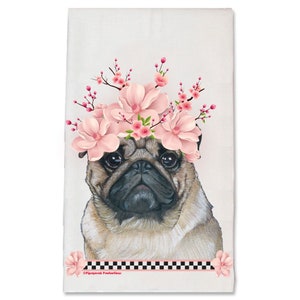 Pug Dog Decorative Floral Kitchen Dish Towel Pet Gift (DTS527)