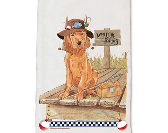 Irish Setter Pup Gone Fishing Decorative Kitchen Dish Towel Pet Gift (DT-SF890)