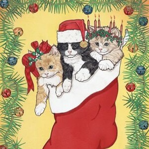 Cat In Stockings Christmas Cards Set Of 10 Cards & 10 Envelopes