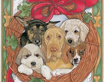 May include: A holiday-themed illustration featuring a wreath of woven branches, a large red bow, and several adorable puppies. A red banner across the bottom reads "Happy Holidays". The puppies are various breeds and colors.