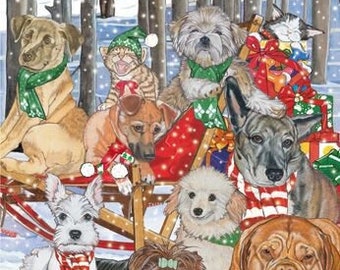Dog & Cat Sleigh Ride Christmas Cards, Pet Lover Holiday Set