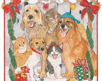 May include: A Christmas-themed illustration featuring a group of animals, including a cat, a dog, and a terrier, gathered around a festive display with presents and greenery. The text "PAW-TY" is displayed above the animals.