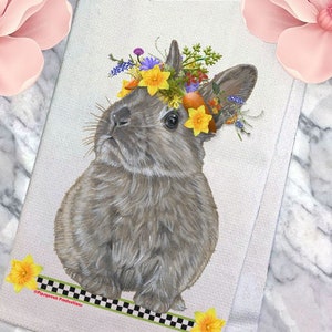 Bunny Dwarf Grey Decorative Floral Kitchen Dish Towel, Rabbit Pet Gift (DTS750)