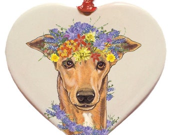 Greyhound Porcelain Floral Heart Shaped Ornament Décor Pet Gift Double-sided Can be personalized.