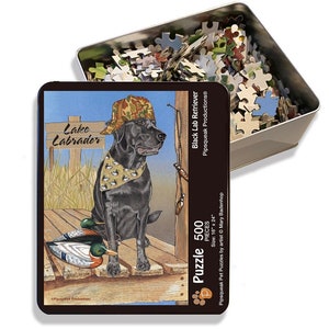 Labrador Retriever, Black Lab Jigsaw Puzzle, 500-piece with reusable Tin, painting by Mary Badenhop, Art Puzzle, Cute Gifts for Dog Lovers