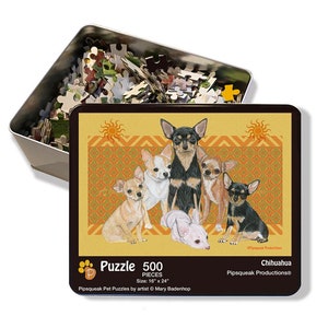 Chihuahua Jigsaw Puzzle, 500-piece with reusable Tin, from painting by Mary Badenhop, Art Puzzle, Cute Gifts for Dog Lovers