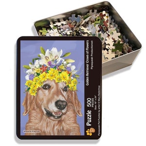Golden Retriever Jigsaw Puzzle, 500-piece with reusable Tin, from painting by Mary Badenhop, Art Puzzle, Cute Gifts for Dog Lovers