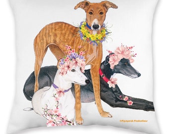 May include: Three greyhounds wearing flower crowns. The greyhounds are standing and sitting on a white background. The greyhounds are wearing colorful flower crowns. The greyhounds are looking at the camera. The image is a watercolor painting.