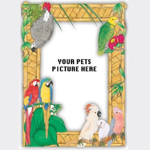 May include: A bamboo frame with a white background and the text "YOUR PETS PICTURE HERE". The frame is decorated with parrots, cockatoos, and tropical plants.