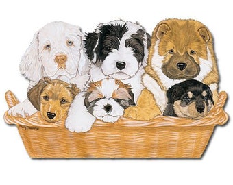 Dogs In A Basket Magnet Wooden