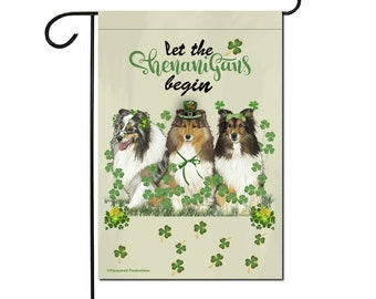 Shetland Sheepdog Saint Patrick's Day Garden Flag, Double Sided 12” X 18” Yard Art Decor, Sheltie Lover Gift