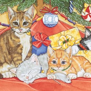 Cat Under The Tree Christmas Cards Set Of 10 Cards & 10 Envelopes