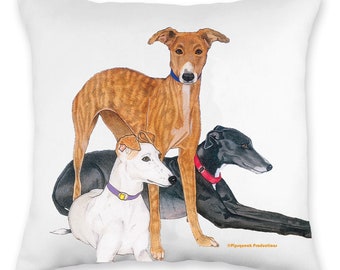 May include: A white pillow with a colorful illustration of three greyhounds. The greyhounds are in different poses, with one standing and two lying down. The illustration is in a cartoon style and has a whimsical feel.