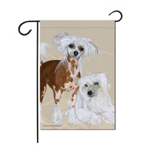 May include: A garden flag featuring a brown and white Chinese Crested dog standing and a white Chinese Crested dog lying down. The flag has a beige background with a swirl pattern.