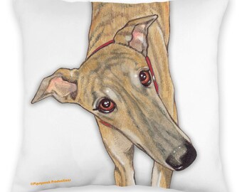 May include: A brown and white Greyhound dog with a red collar is looking at the camera. The dog is peeking around the corner of a white pillow.