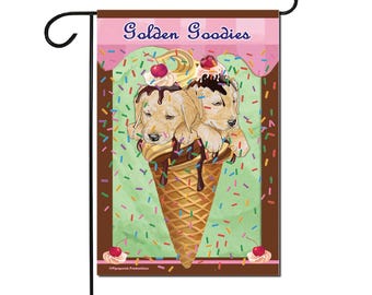 Golden Retriever Ice Cream Cone Garden Flag, Double-Sided 12" X 18" Yard Outdoor Summer Decor