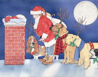 May include: A Santa Claus in a red suit and white hat is climbing down a chimney. Three dogs with antlers are watching him. The dogs are a basset hound, a golden retriever, and a black and white dog. The scene is set against a blue night sky with a full moon.