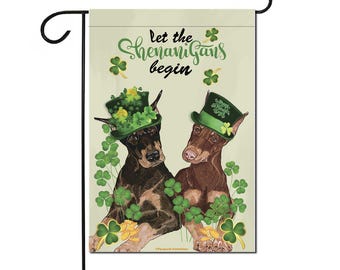 Doberman Saint Patrick's Day Garden Flag, Dobie Clover Art (12x18 inches)