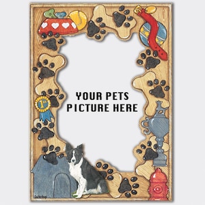 May include: A wooden picture frame with a dog bone and paw print design. The frame has a space for a pet photo and the text "YOUR PETS PICTURE HERE".