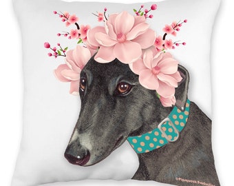 Greyhound Floral Crown Throw Pillow, Dog Lover Gift