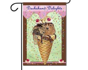 Dachshund Delights Ice Cream Cone Garden Flag, Double-Sided 12" X 18" Summer Yard Outdoor Decor