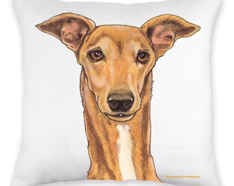 May include: A close-up illustration of a brown and white Greyhound dog with its head tilted slightly to the side. The dog has a white patch on its chest and a serious expression.