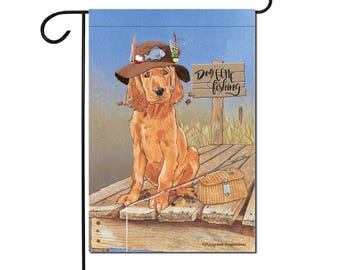 Irish Setter Pup Doggone Fishing Garden Flag, Double-Sided 12" X 18" Yard Outdoor Decor