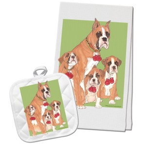 May include: A set of kitchen towels and pot holders featuring a family of boxer dogs. The dogs are brown and white with red collars and red boxing gloves. The background is a light green color.