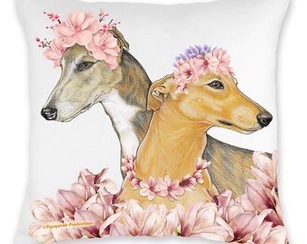 May include: Two greyhounds with pink and purple flower crowns, surrounded by pink magnolia blossoms. The greyhounds are looking to the right. The background is white.