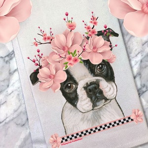 Boston Terrier Dog Decorative Floral Kitchen Dish Towel Pet Gift (DTS121)