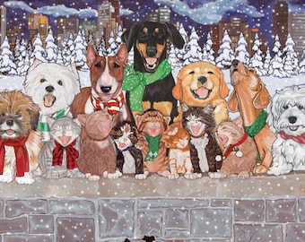 May include: A group of dogs and cats of various breeds are gathered together on a snowy brick wall. The dogs are wearing scarves and the cats are wearing collars. The dogs are looking up at the sky and the cats are looking at the camera. The scene is set against a backdrop of a snowy city skyline.