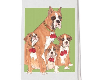 Op de afbeelding: Een bruine en witte Boxer met drie bruine en witte Boxerpups. De volwassen hond draagt een rode halsband met rode bokshandschoenen die eraan hangen. De pups dragen ook rode bokshandschoenen.