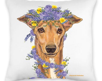May include: A brown and white dog with a wreath of purple and yellow flowers around its head. The dog is looking at the camera with a gentle expression.