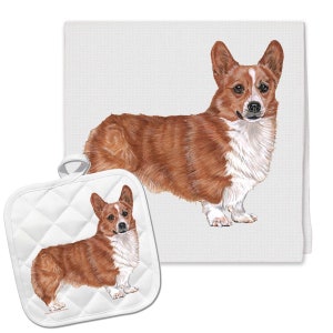 May include: A white kitchen towel and matching pot holder feature a colorful illustration of a Pembroke Welsh Corgi dog. The dog is brown and white with a long, fluffy tail.