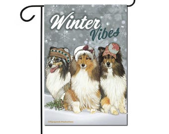 Shetland Sheepdog Winter Garden Flag 12" x 18" Double Sided, Yard Art Decor, Sheltie Gift