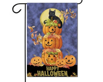 Black Cat Halloween Pumpkin Garden Flag Double sided, 12" x 18" Yard Art Decor
