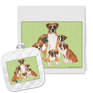 May include: A white kitchen towel with a green background featuring a family of seven boxer dogs. The dogs are brown and white with black noses. The towel has a quilted pot holder with the same image.