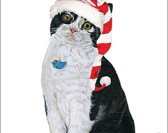 Cat Christmas Cards: Tuxedo Cat with Santa Hat, Set of 10