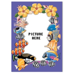 May include: A rectangular purple picture frame with a white center and the words "PICTURE HERE". The frame is decorated with yellow hibiscus flowers, seashells, and colorful fish.