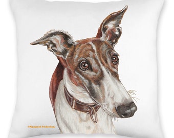 May include: A white and brown Greyhound dog with a brown leather collar. The dog is looking to the right of the image. The background is white.