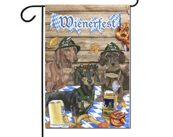 Dachshund Oktoberfest Weinerfest Fall Garden Flag, Double Sided, 12" x 18" Outdoor Decor