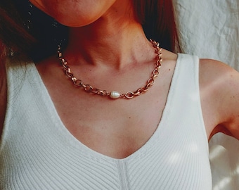 Gold Chunky large Chain Necklace, Multi chain choker toggle necklace. fresh pearl pendant statement choker, Link Chain Toggle Necklace,
